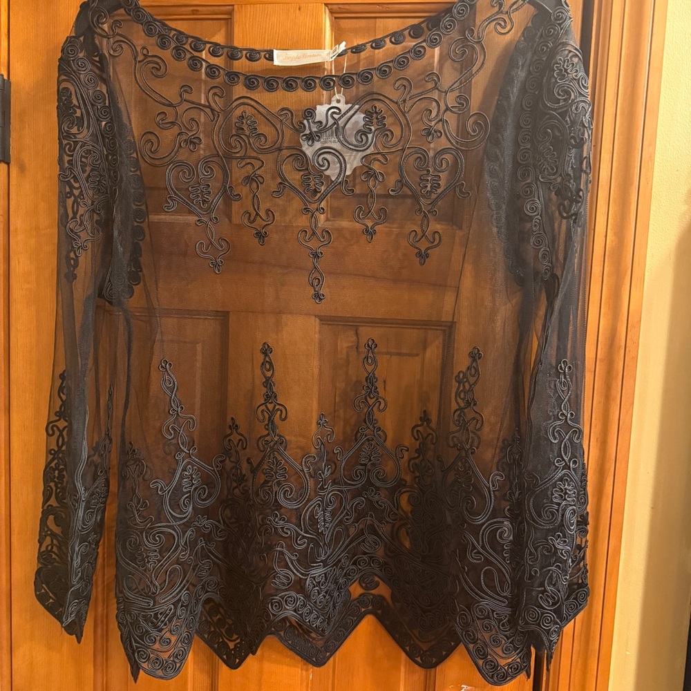 Sheer Embroidered Black Long-Sleeve Top